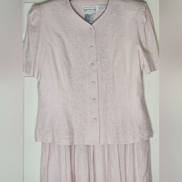 Vtg Karin Stevens 14 PastelPink LINENBlendFaux2Piece Women Midi Embroidery Dress - Picture 4 of 13